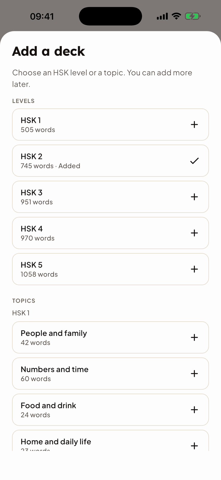 The Add a deck sheet listing HSK 1, 2 and 3 and topic decks